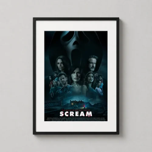 Scream 2022 Ghostface Mask and Woodsboro Cast Movie Poster