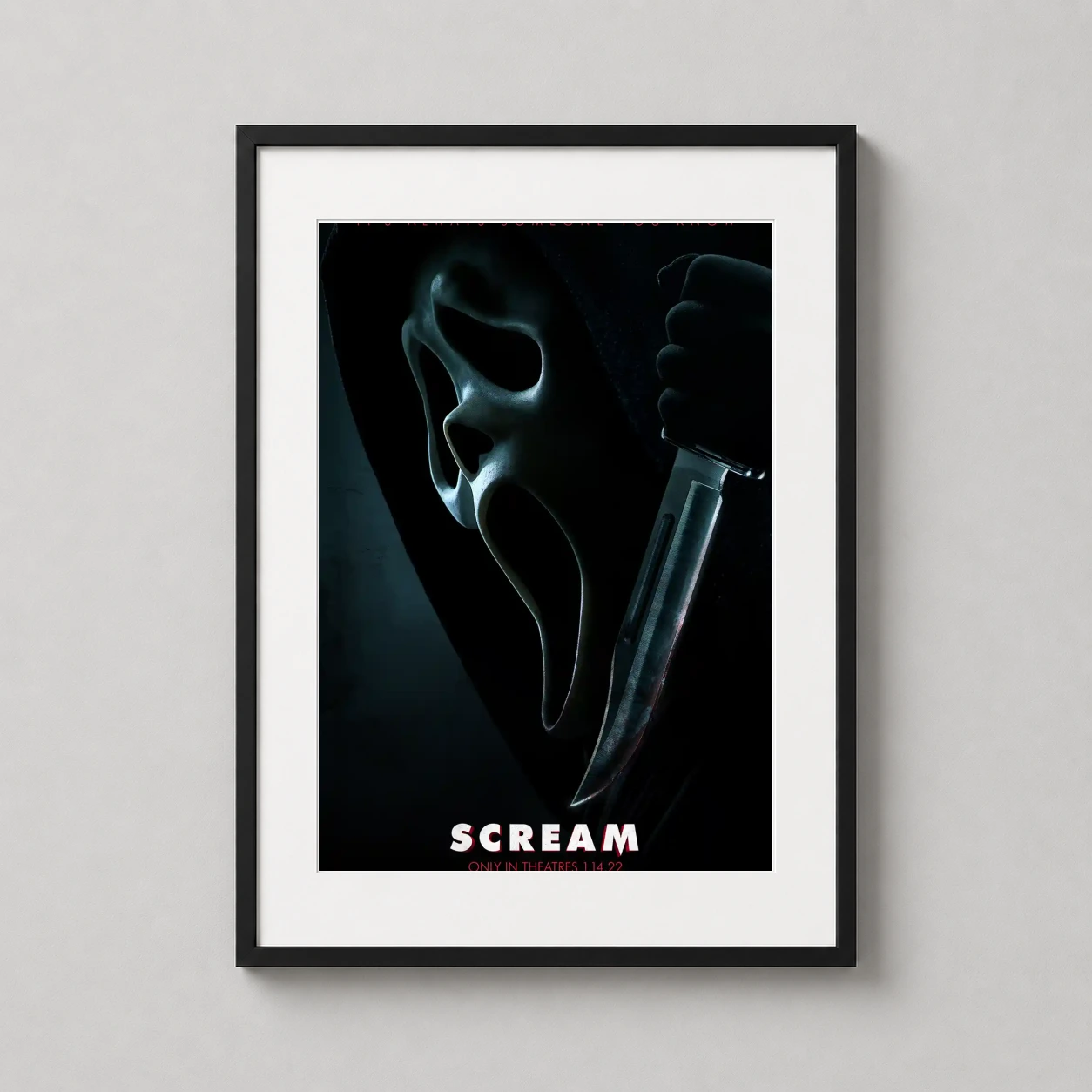 Scream 2022 Ghostface Mask — dark cinematic art print featuring the Ghostface mask and a gleaming