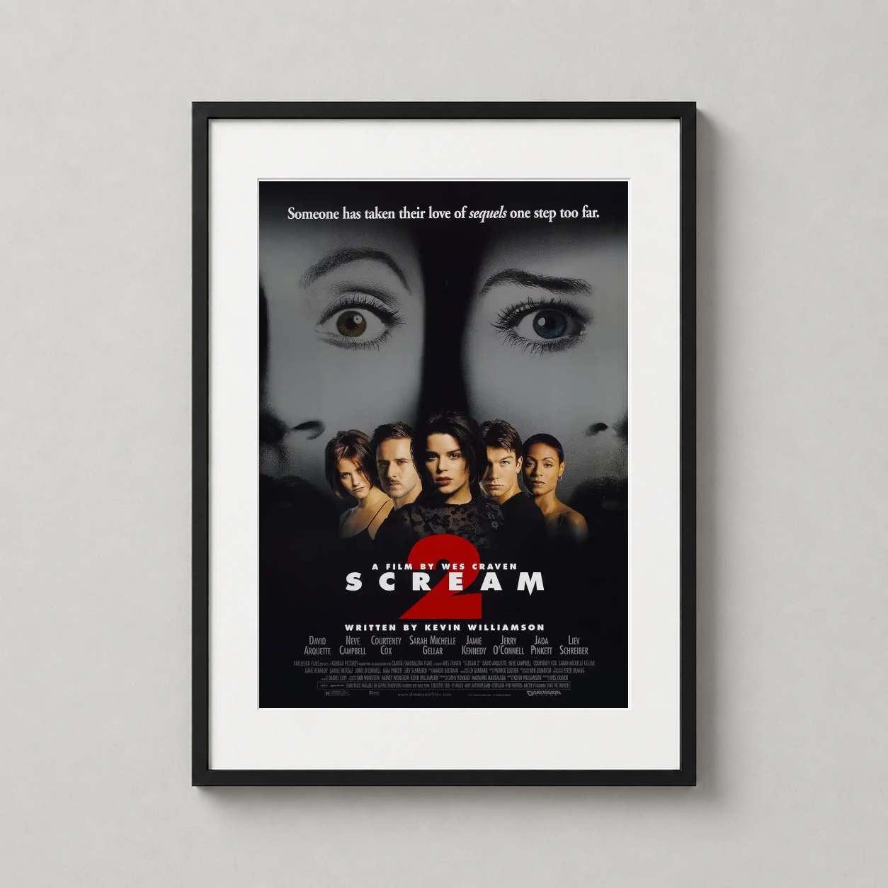 Scream 2 Horror — this dark movie poster showcases the Scream 2 ensemble cast beneath a