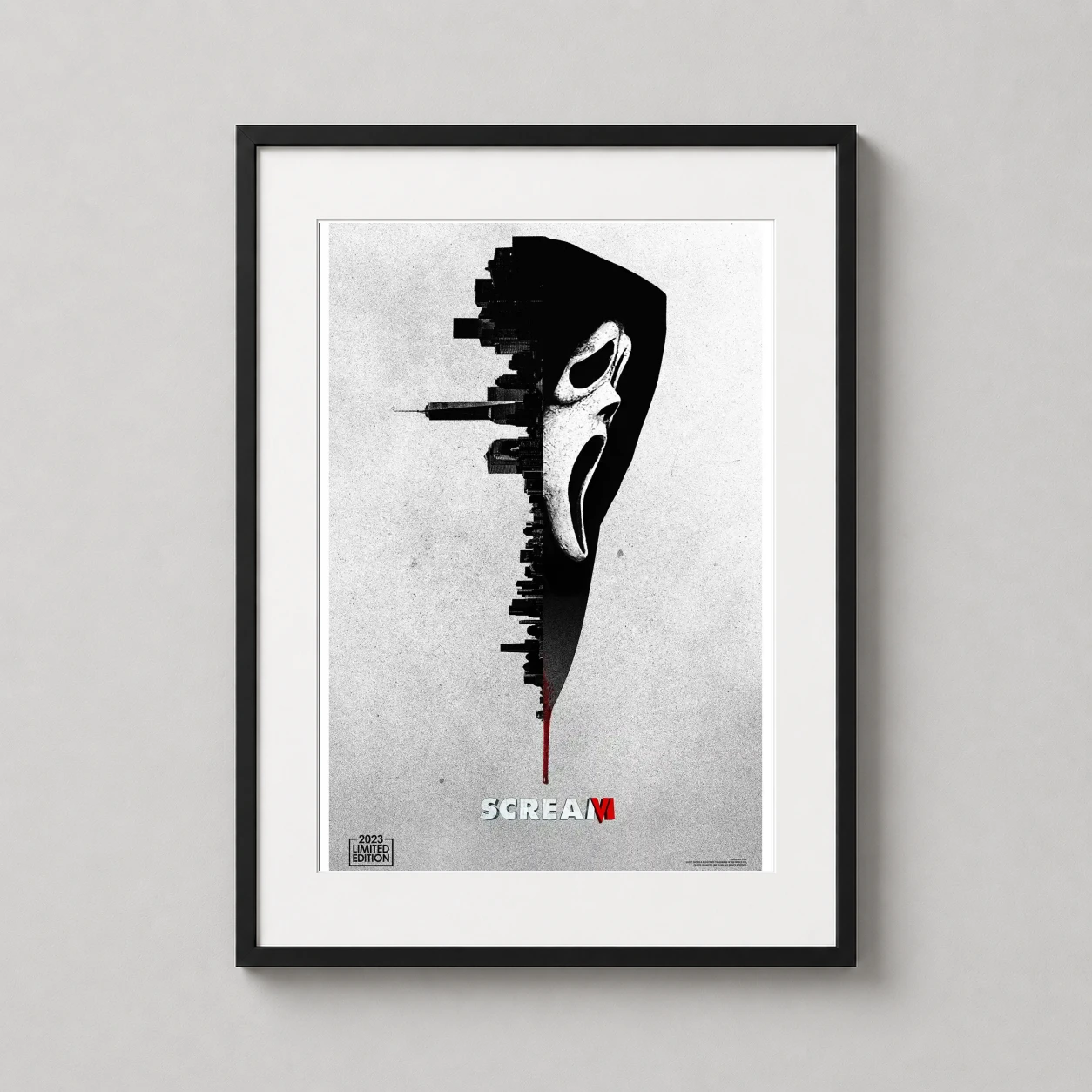 Scream Vi Ghostface Skyline — minimalist black and white Scream VI artwork featuring the Ghostface