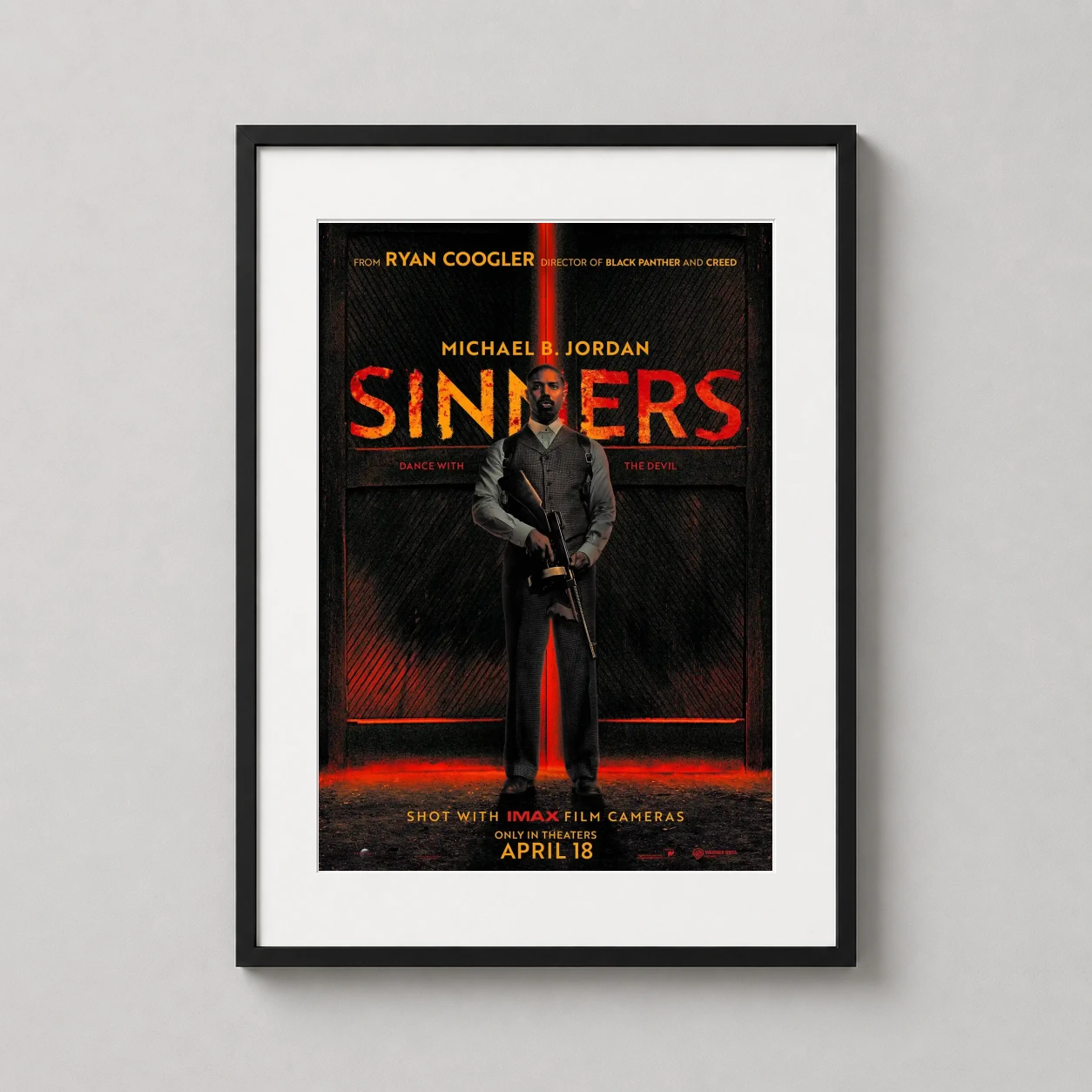 Sinners 2025 Michael B Jordan — featuring Michael B. Jordan in a sharp waistcoat holding a submachine