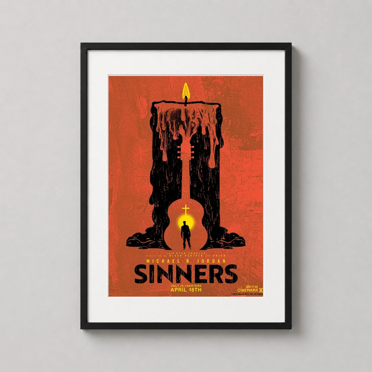 Sinners 2025 Michael B. — gritty minimalist movie art featuring a melting black candle guitar