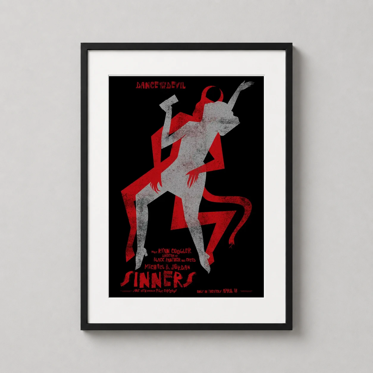 Sinners 2025 Dance Devil — minimalist Sinners movie poster featuring a textured gray silhouette