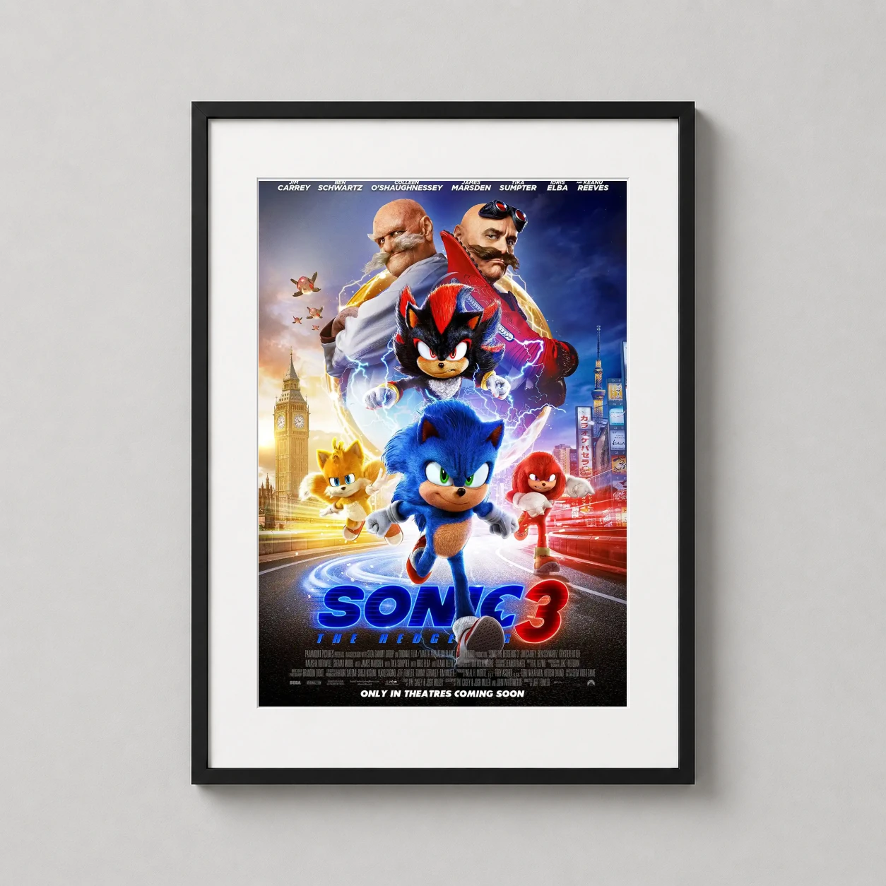 Sonic Hedgehog 3 Full — this Sonic 3 movie poster features Sonic, Shadow, Tails, and Knuckles