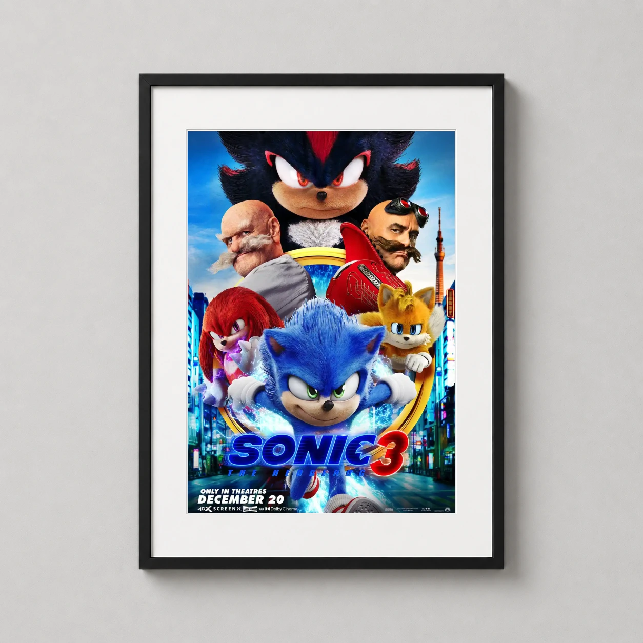 Sonic Hedgehog 3 Sonic — cinematic movie poster featuring Shadow looming over Sonic, Knuckles