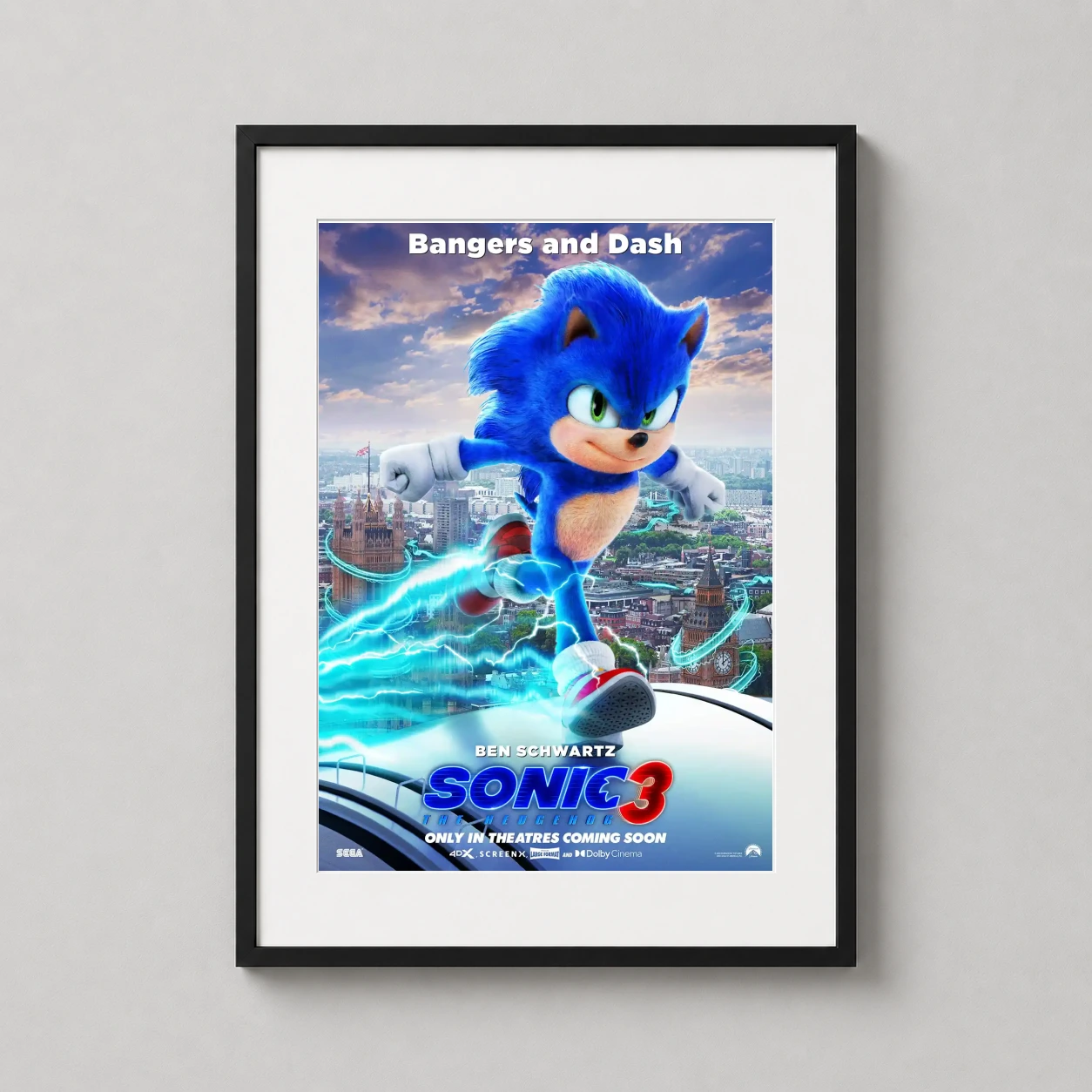 Sonic Hedgehog 3 Speeding — energetic art print featuring Sonic the Hedgehog racing over the London