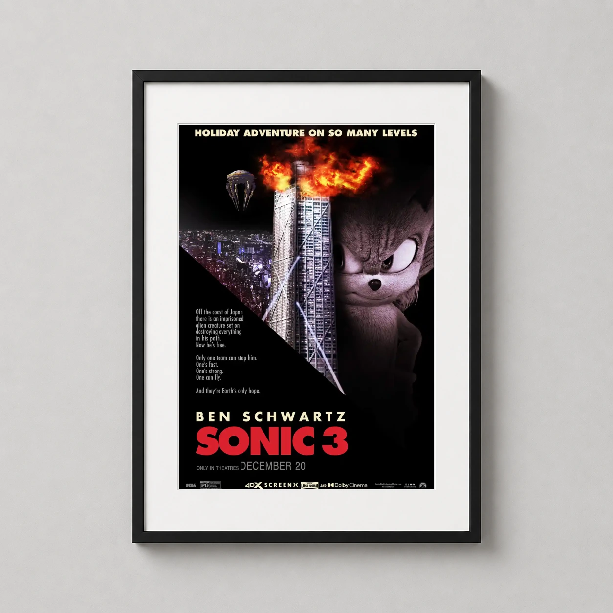 Sonic 3 Dark Cityscape — dramatic Sonic the Hedgehog 3 movie poster featuring a close-up of