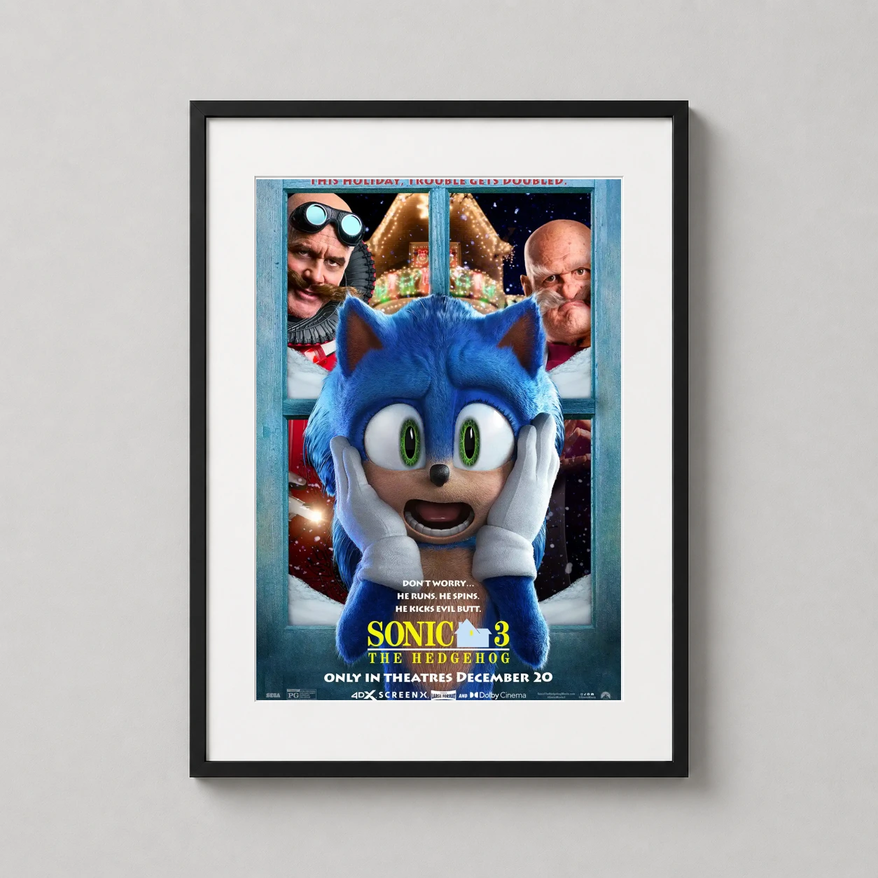 Sonic Hedgehog 3 — sonic expresses shock in a snowy window frame while Dr. Robotnik and a