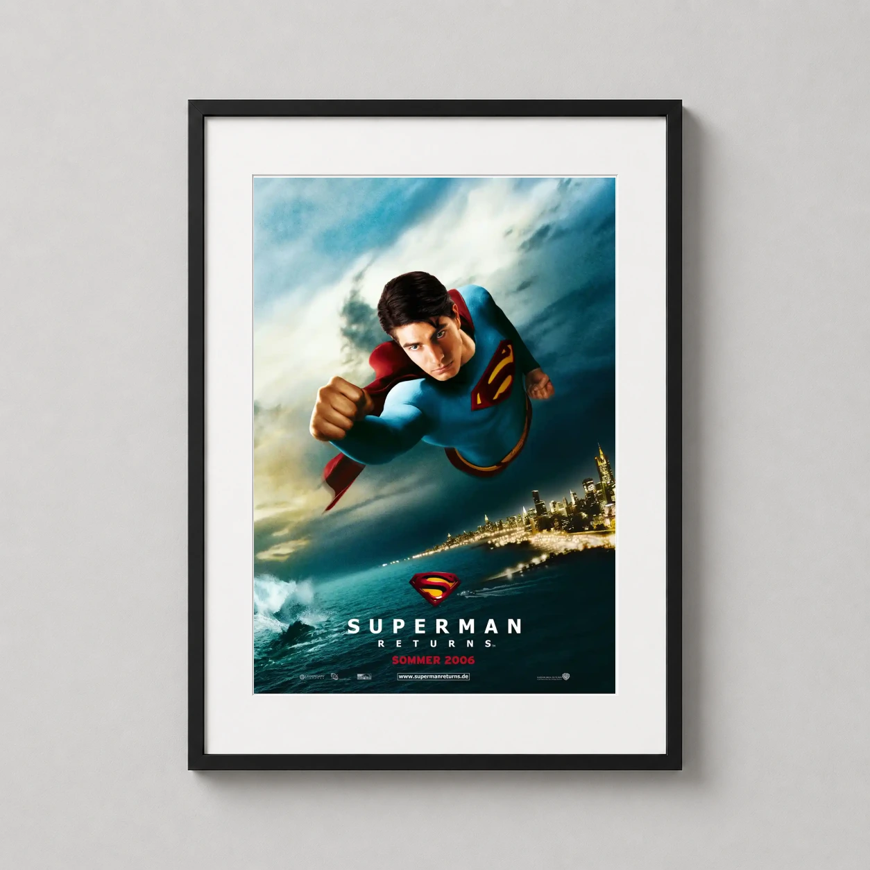 Room mockup of Superman Returns Superman Flying Movie Poster, displayed as framed wall art in a home theater setting as a portrait print.