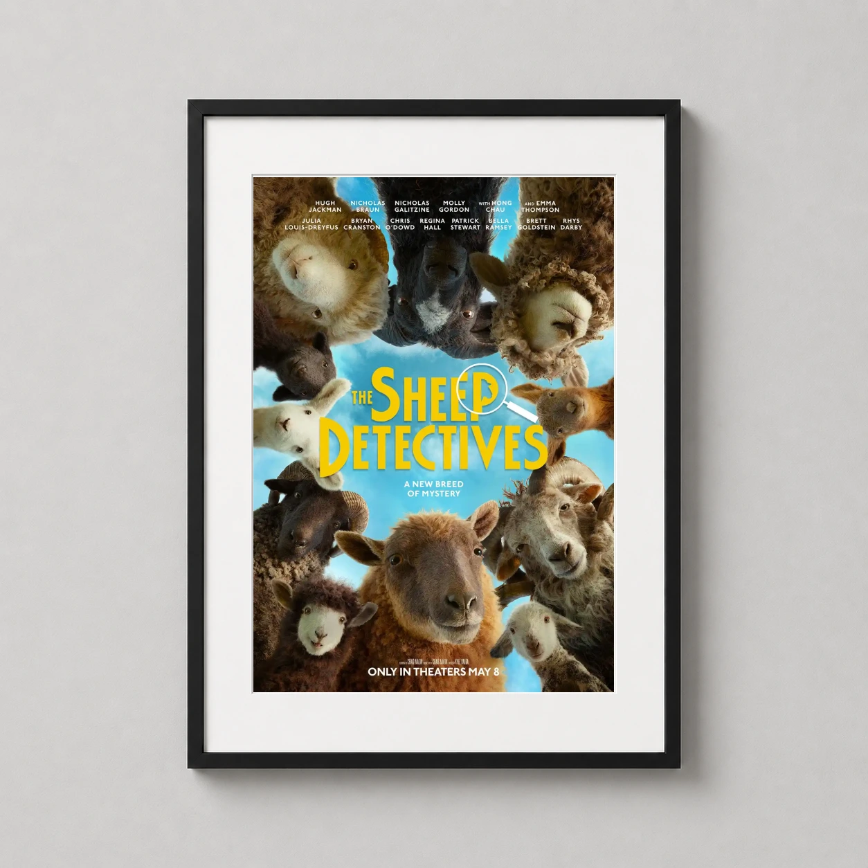 Sheep Detectives — playful huddle of various sheep breeds gazes down from a blue sky in