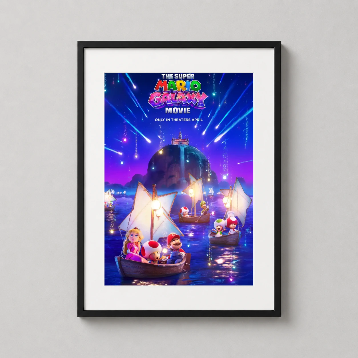 Super Mario Galaxy — mario, Princess Peach, Luigi, and Toads navigate glowing waters under a