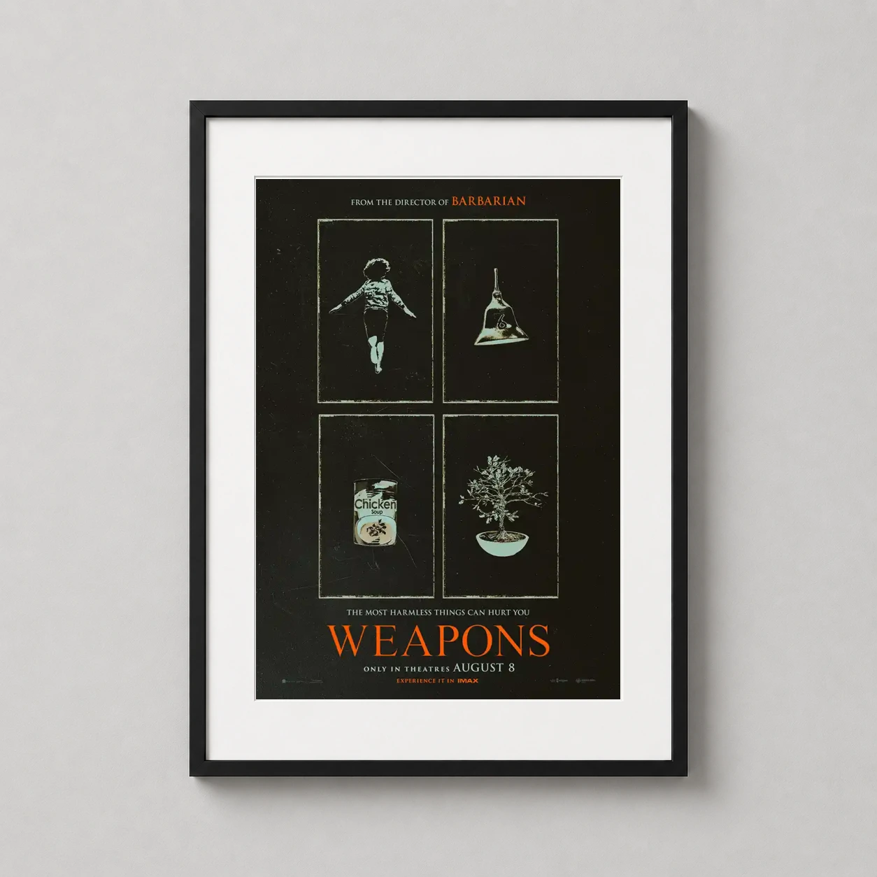 Weapons — minimalist quad-panel horror movie poster featuring a child, a bell, a