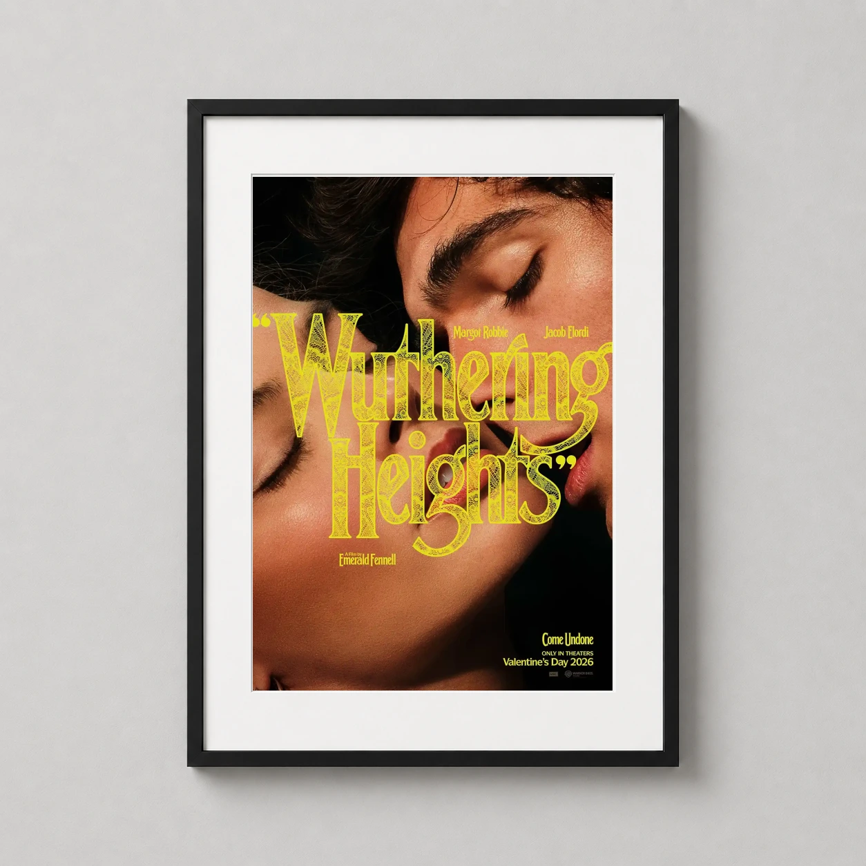 Wuthering Heights — cinematic close-up of Margot Robbie and Jacob Elordi featuring yellow