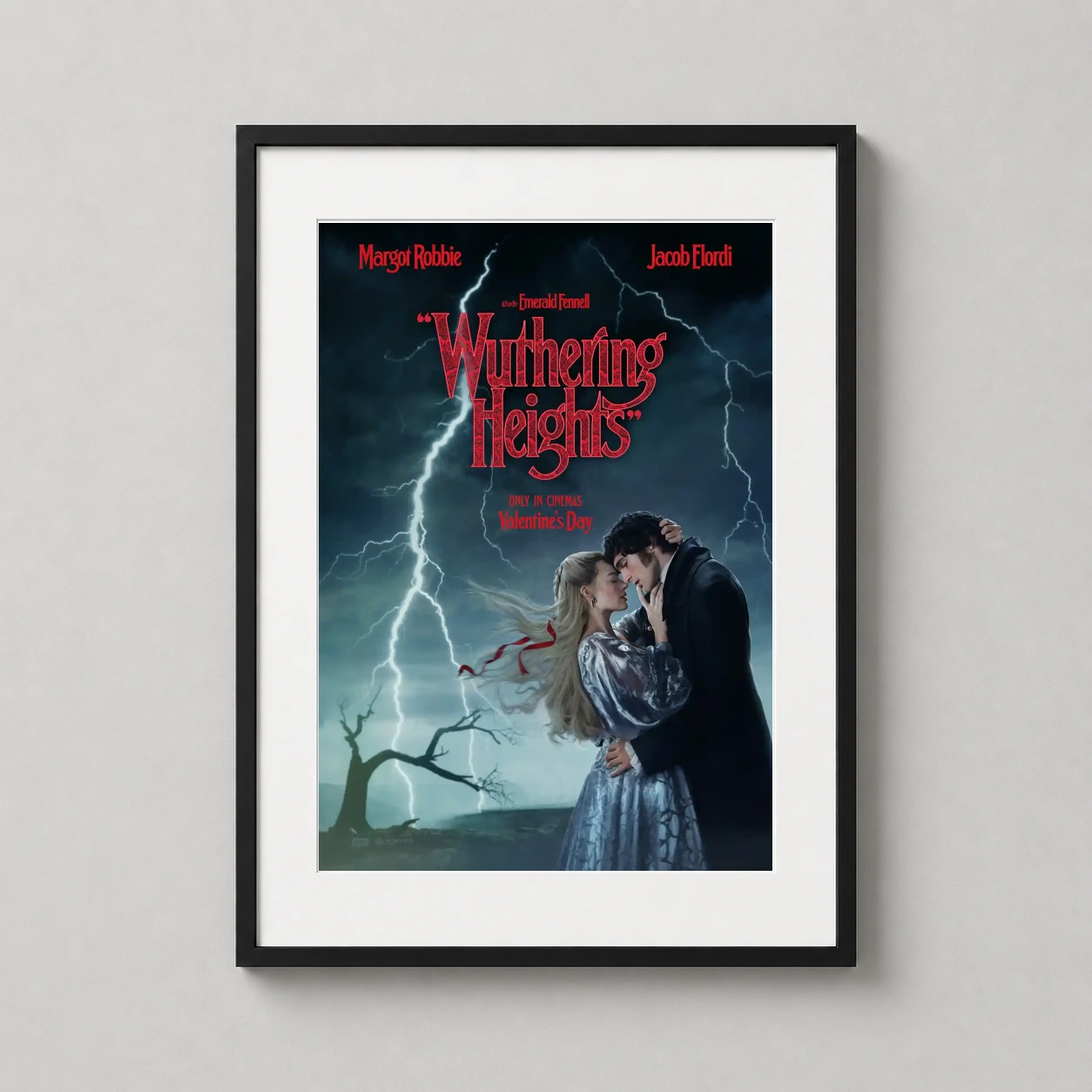 Wuthering Heights — margot Robbie and Jacob Elordi embrace under a stormy lightning sky in