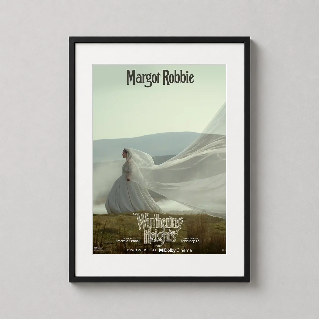 Margot Robbie Wuthering Heights Ethereal — margot Robbie stands amidst the misty Yorkshire moors in a flowing