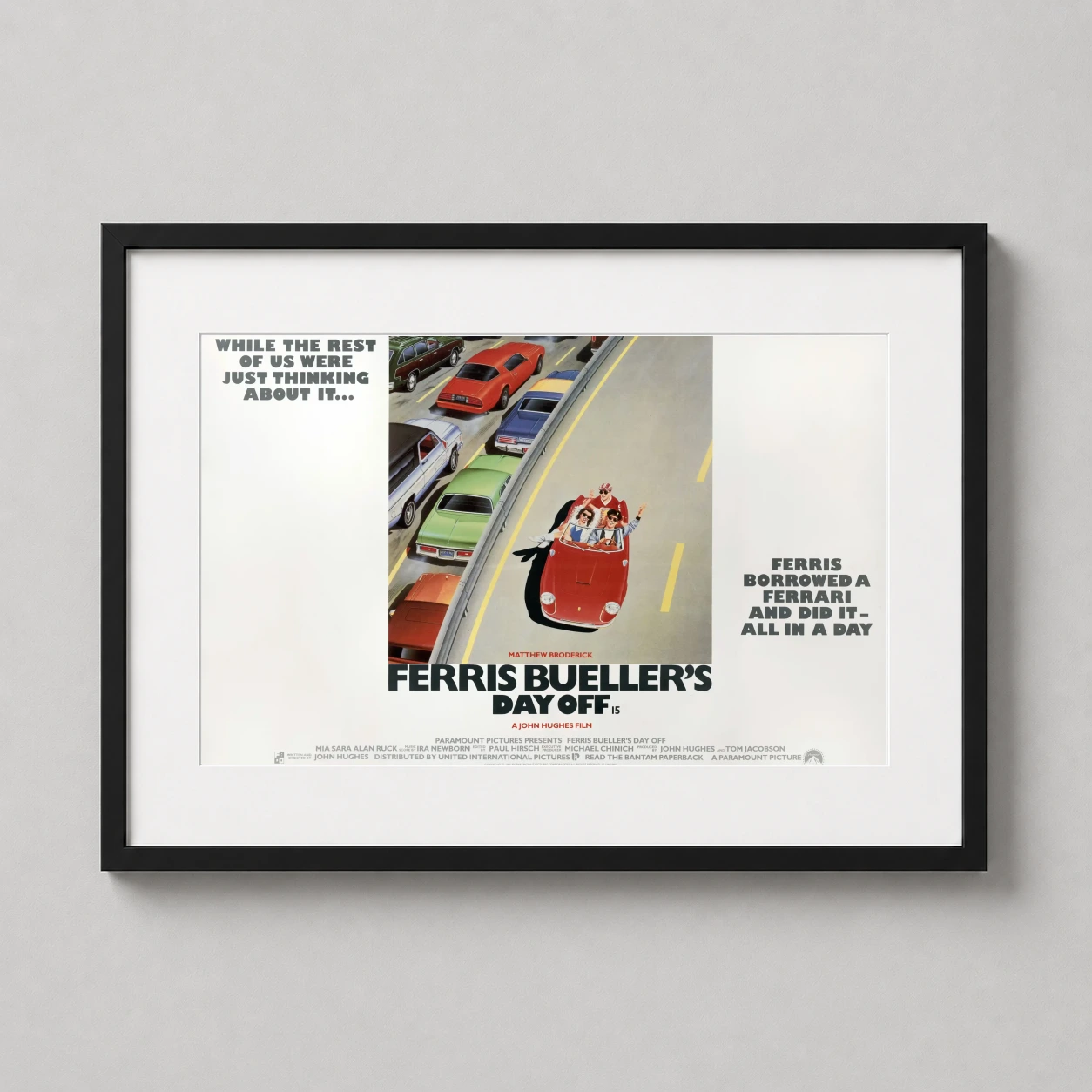 Ferris Bueller's Day Off Ferrari — vintage 1986 British movie poster featuring Ferris, Sloane, and Cameron
