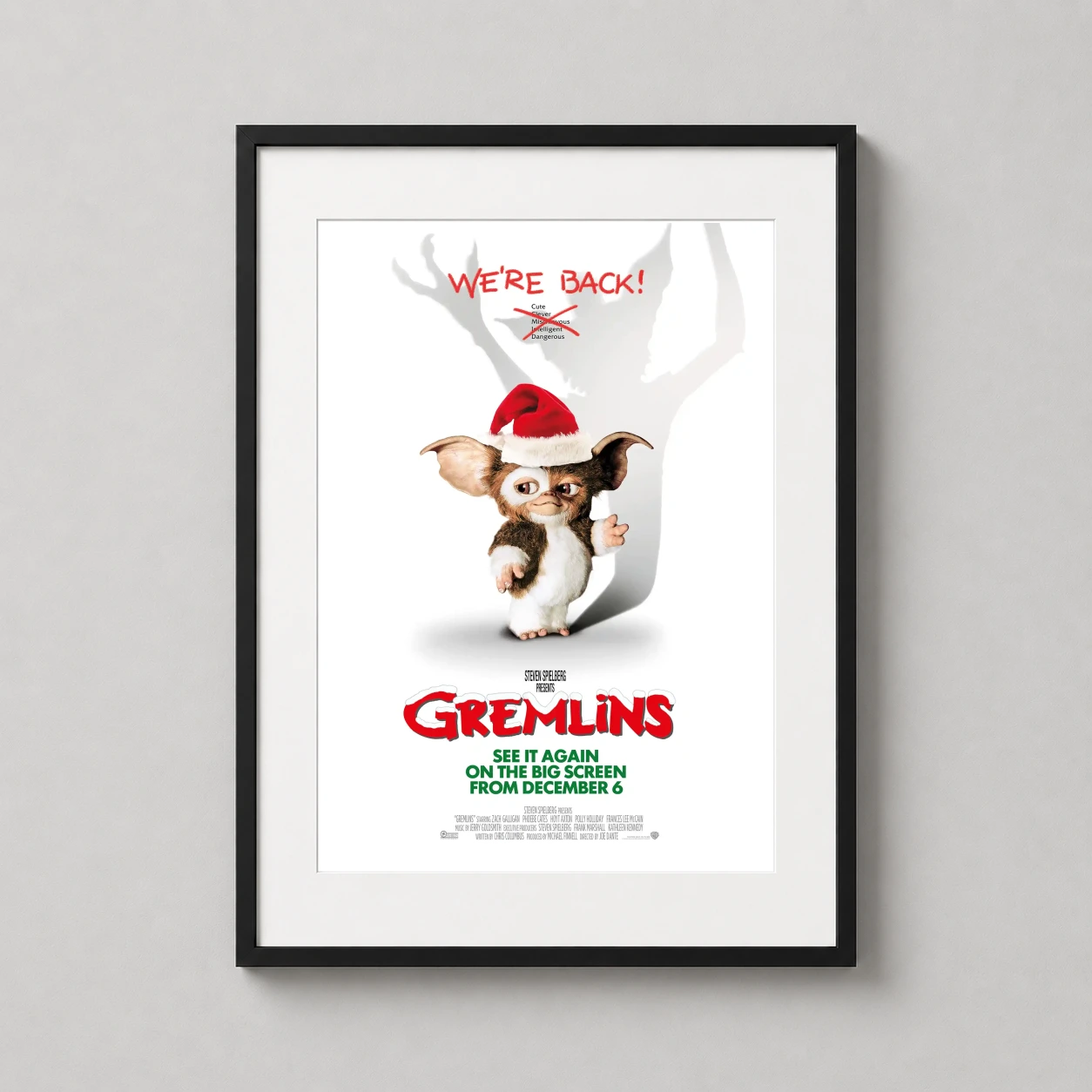 Gremlins Gizmo Santa Hat Christmas — mischievous holiday scene featuring Gizmo in a Santa hat with a