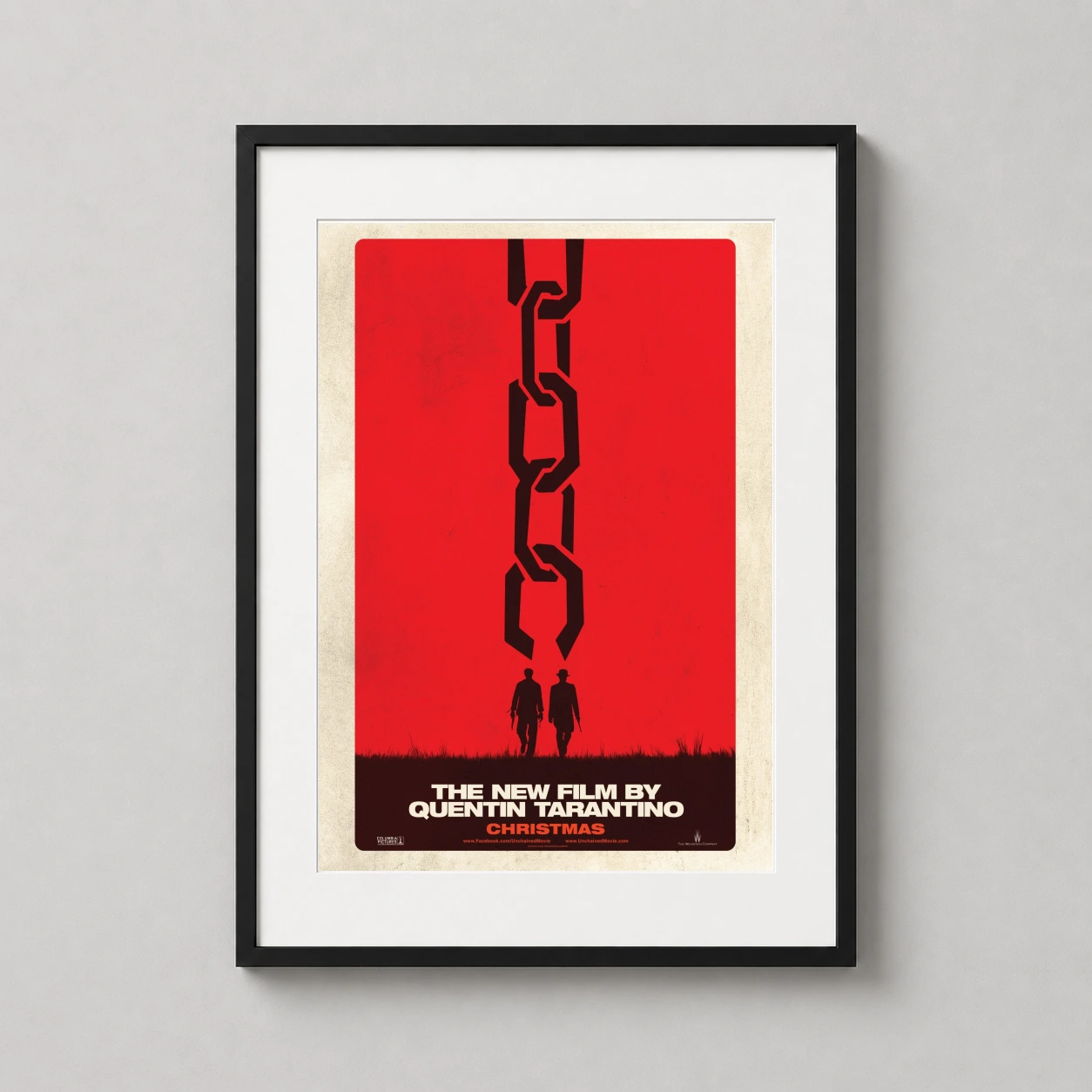 Room mockup of Django Unchained Minimalist Movie Poster Broken Chain, displayed as framed wall art in a home theater setting as a portrait print.