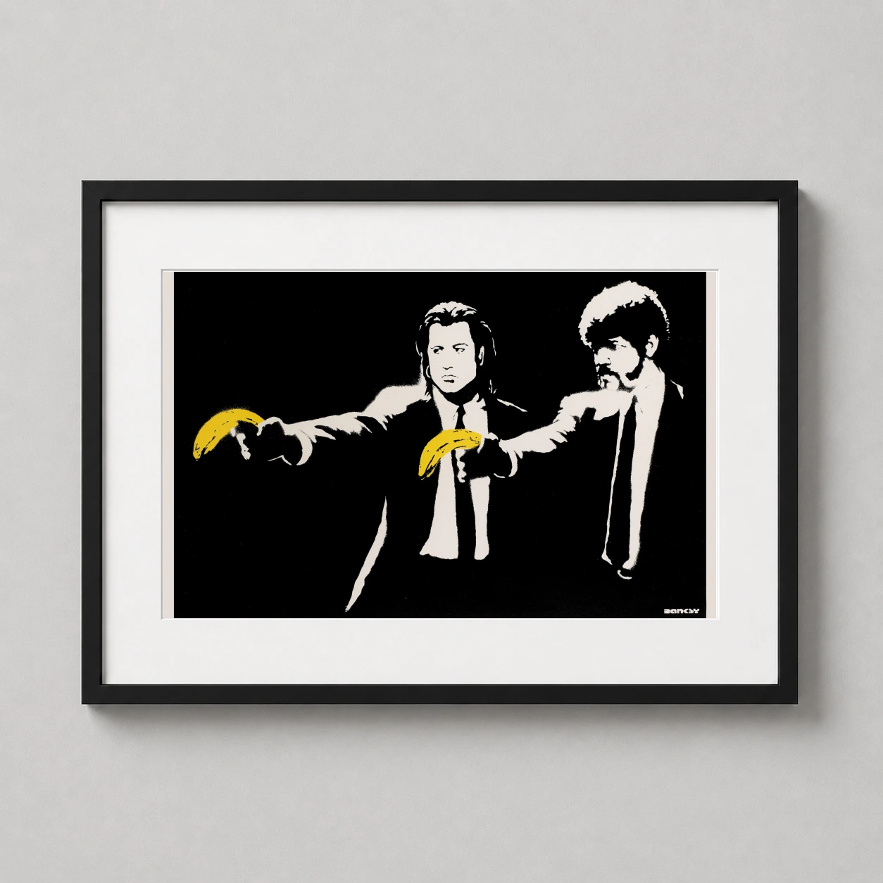 Room mockup of Banksy Pulp Fiction Banana Parody Movie Poster, displayed as framed wall art in a home theater setting as a landscape print with black and white and yellow tones.