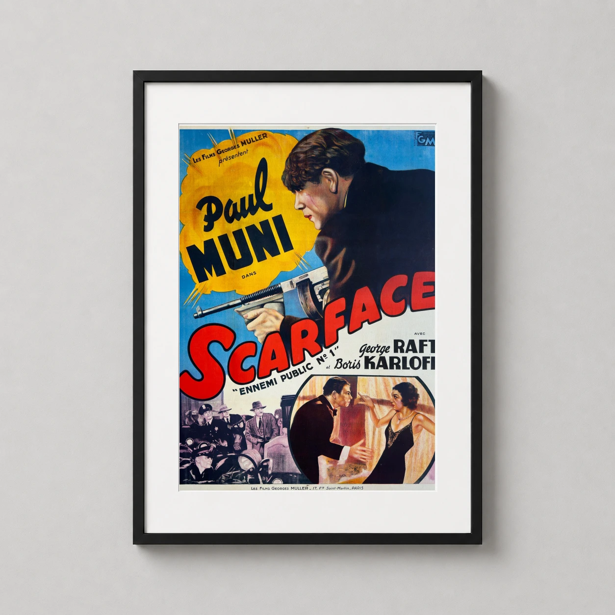 Scarface 1932 French Vintage — dramatic French vintage movie poster for Scarface 1932 featuring Paul