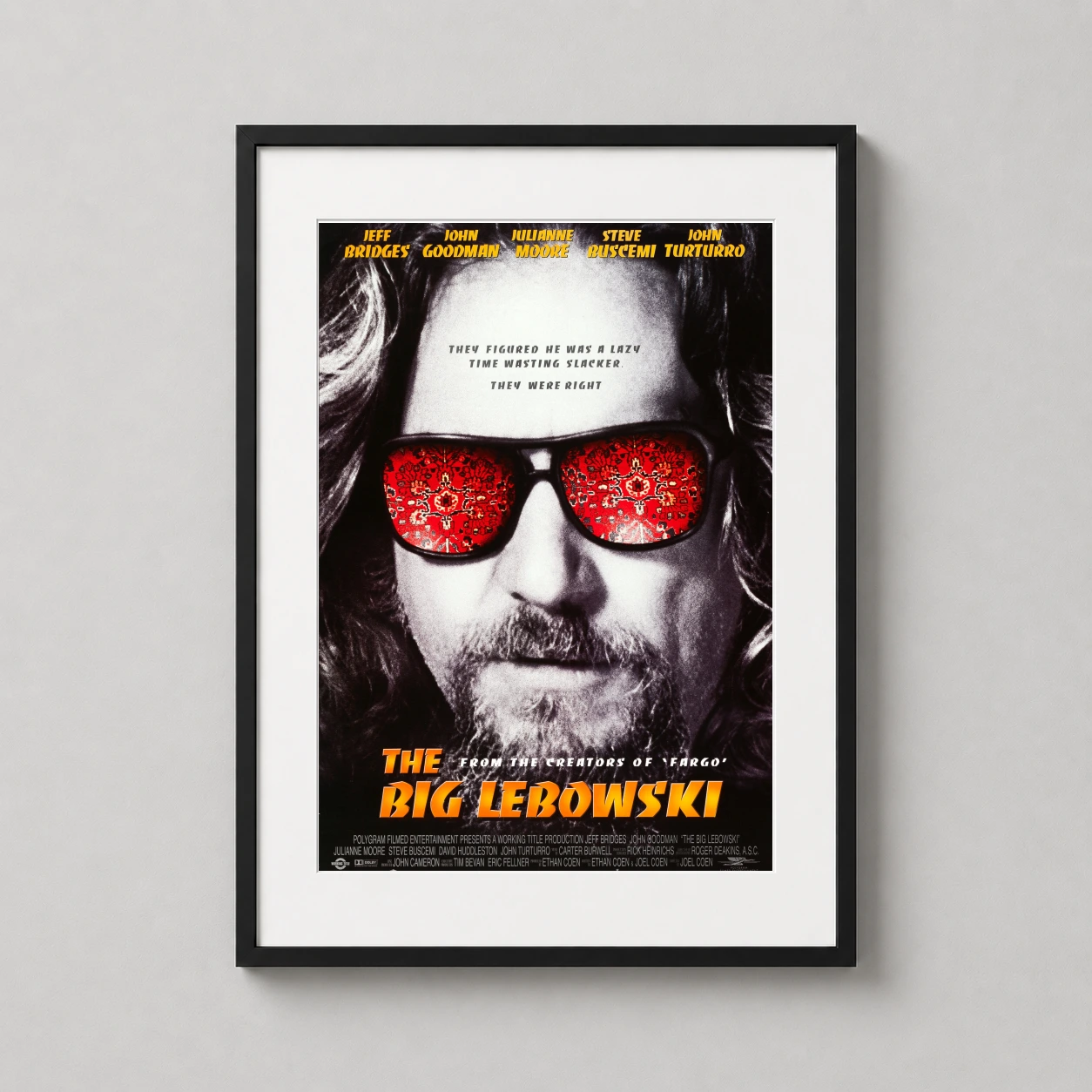 Big Lebowski Dude Sunglasses — jeff Bridges as The Dude wears sunglasses reflecting a red Persian rug