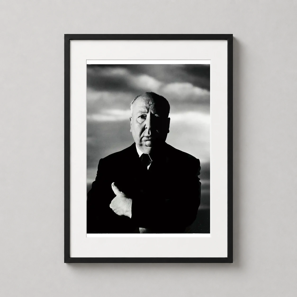 Alfred Hitchcock — high-contrast black and white photograph of director Alfred Hitchcock