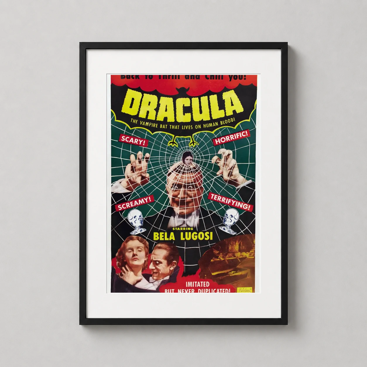 Dracula 1931 Bela Lugosi — bela Lugosi's Dracula looms through a spiderweb in this vibrant 1951