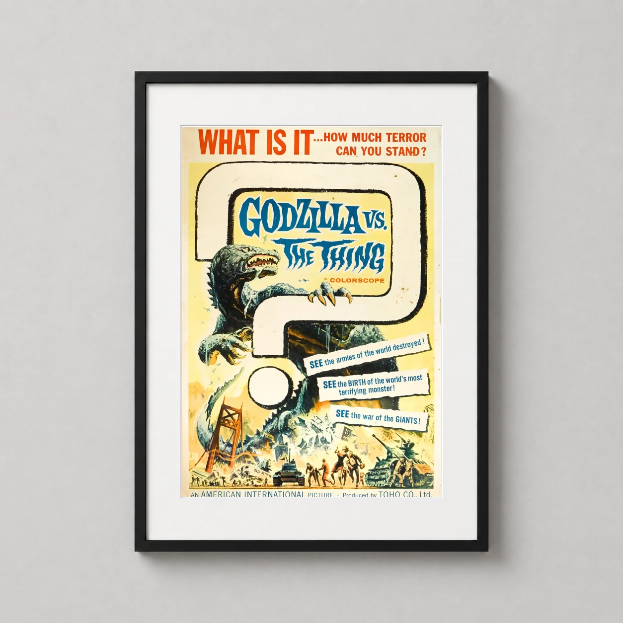 Godzilla Vs. Thing 1964 — vintage 1964 film art featuring Godzilla's massive claws and scales