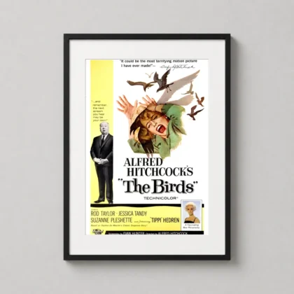 A framed print of Alfred Hitchcock's The Birds movie poster hanging on a modern living room wall above a dark wooden sideboard.
