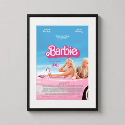 Barbie (2023) | Movie Poster | Margot Robbie & Ryan Gosling Pink Car Print framed wall art mockup