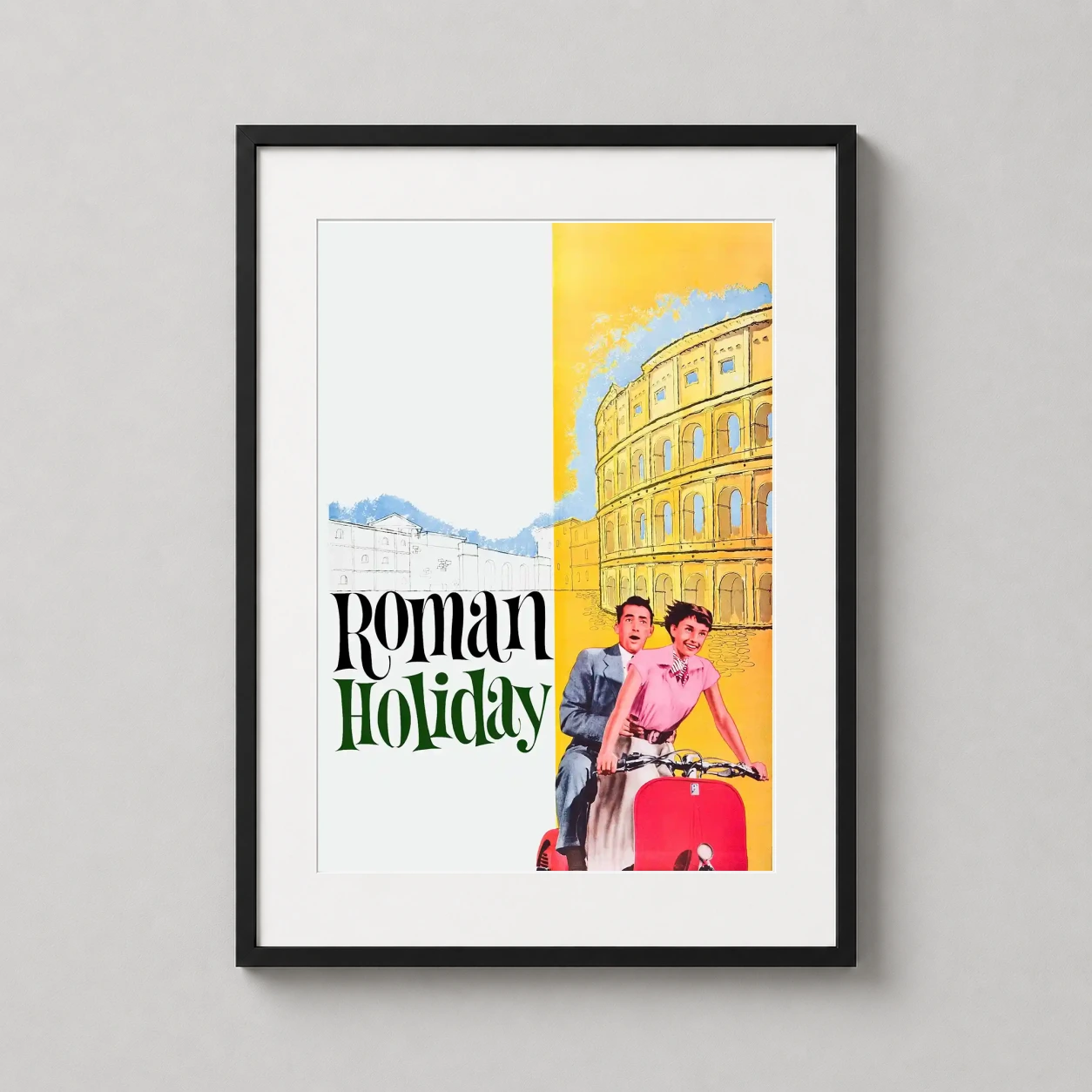 Roman Holiday Audrey Hepburn Vespa — vibrant vintage illustration of Audrey Hepburn and Gregory Peck riding