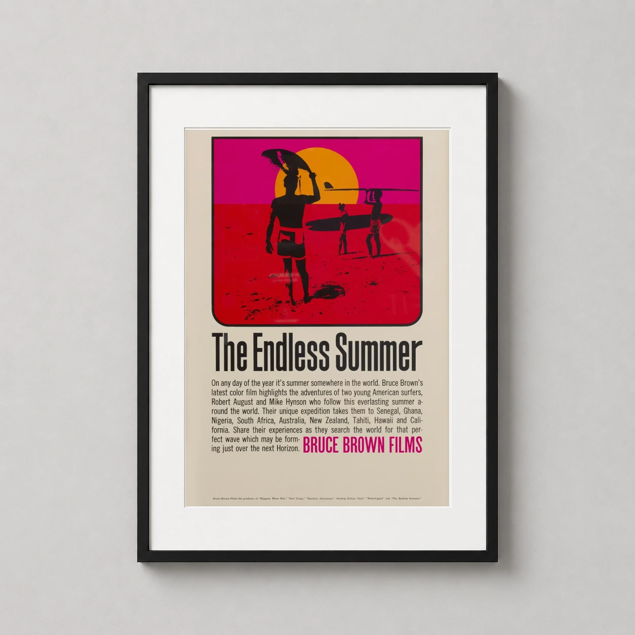 Endless Summer — high-contrast graphic of three surfers in silhouette against a vibrant