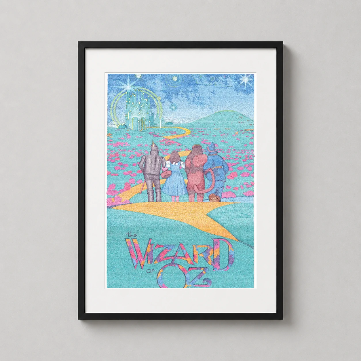 Wizard of Oz Emerald Brick — stippled art print featuring Dorothy and her companions walking the