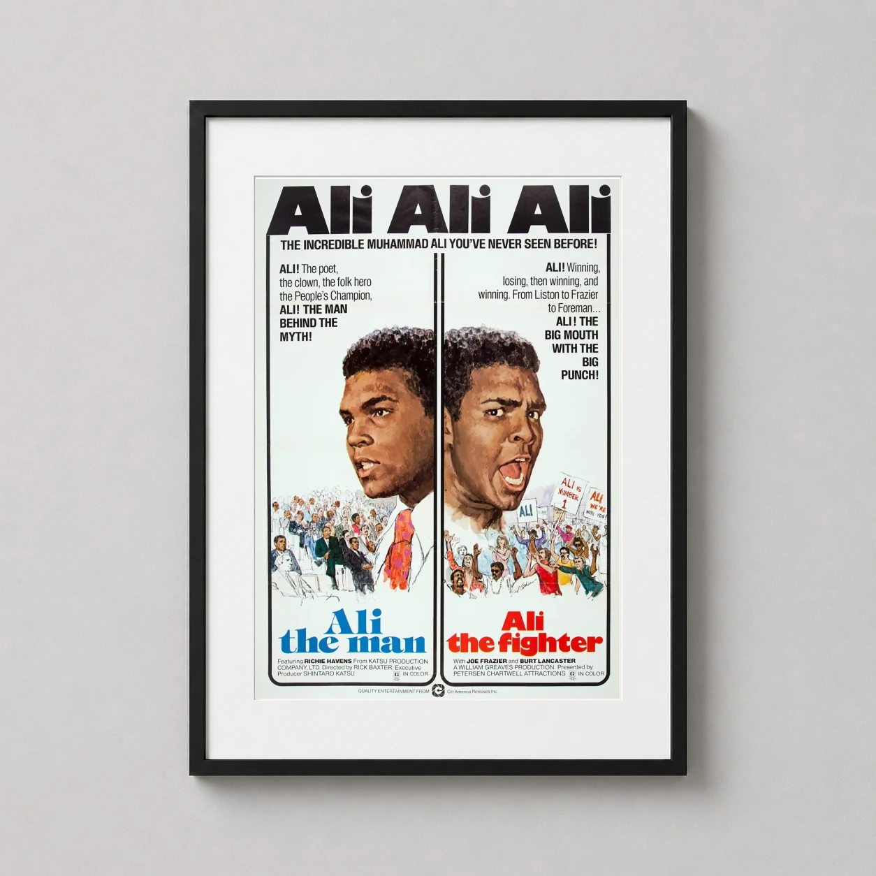 Muhammad Ali — vintage 1975 split-portrait documentary poster featuring Muhammad Ali