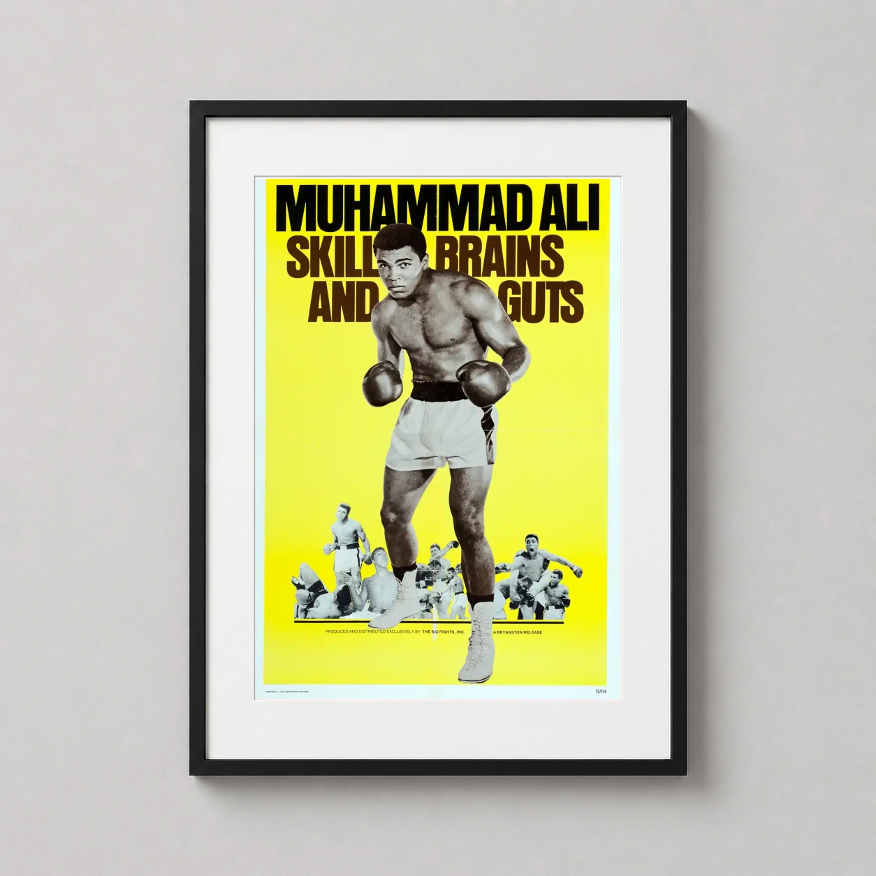 Muhammad Ali Skill Brains and — vibrant yellow vintage movie poster featuring Muhammad Ali in boxing