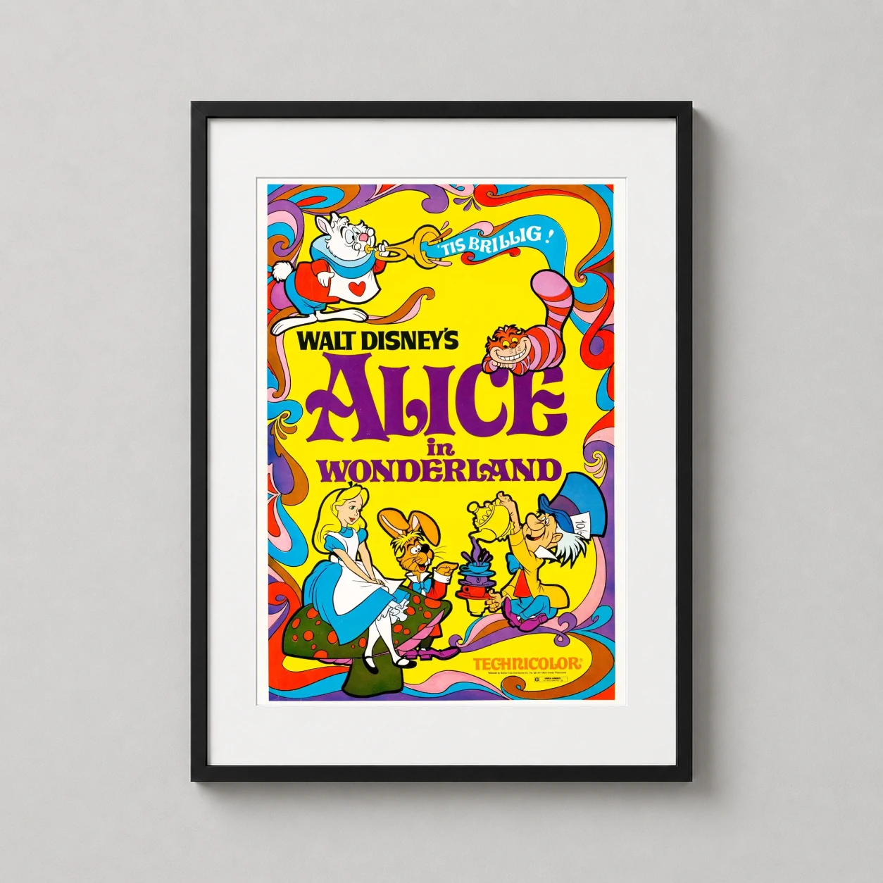 Room mockup of Alice in Wonderland 1974 Retro Psychedelic Movie Poster, displayed as framed wall art in a home theater setting as a portrait print with blue tones.