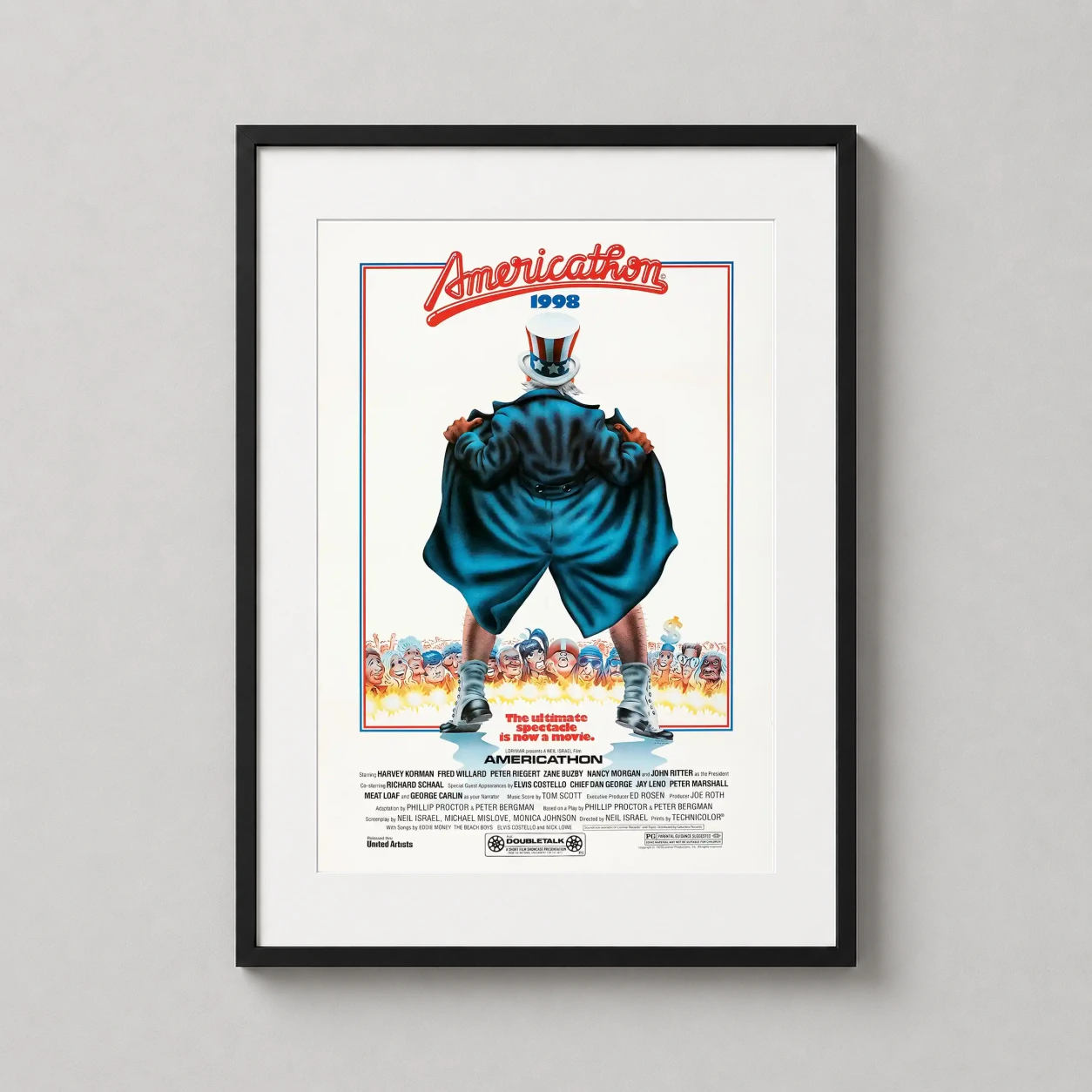 Room mockup of Americathon 1979 Cult Uncle Sam Satirical Movie Poster, displayed as framed wall art in a home theater setting as a portrait print with blue and red tones.