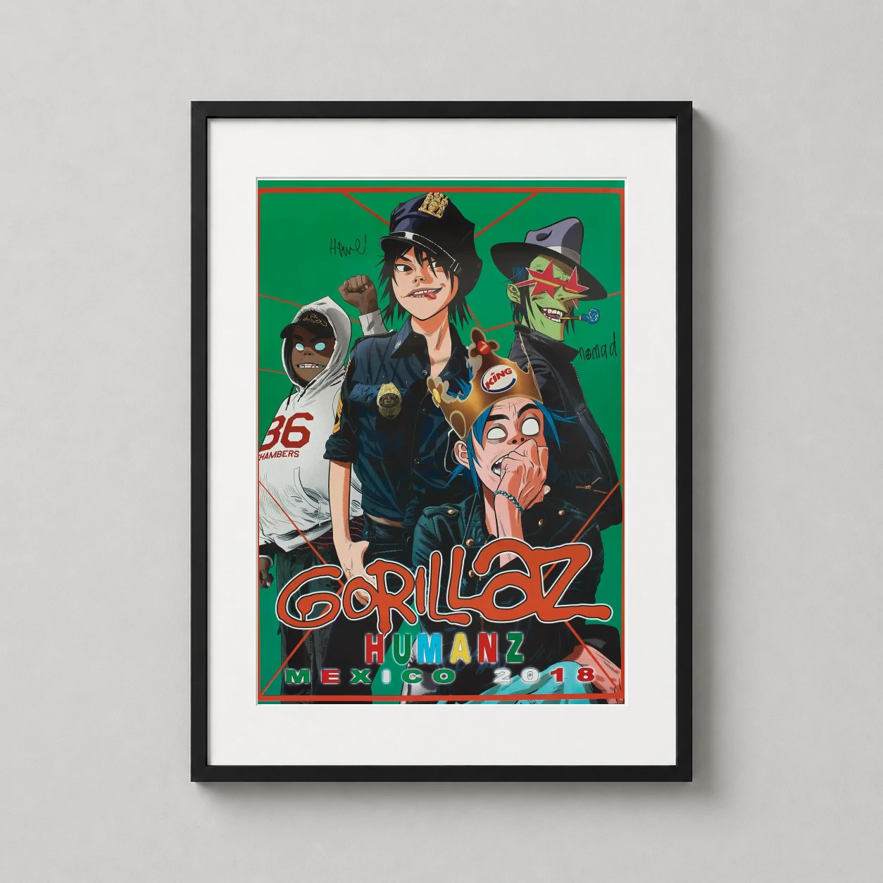 Gorillaz Humanz Tour Mexico — vibrant Gorillaz illustration featuring 2D, Noodle, Murdoc, and Russel