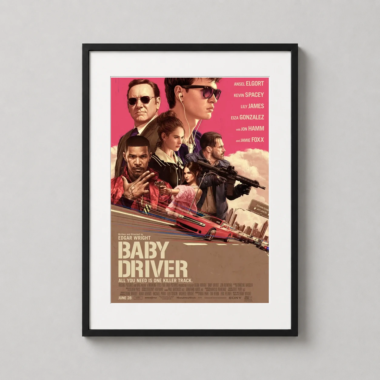Baby Driver 2017 Iconic — illustrated Baby Driver movie poster featuring the main cast above a