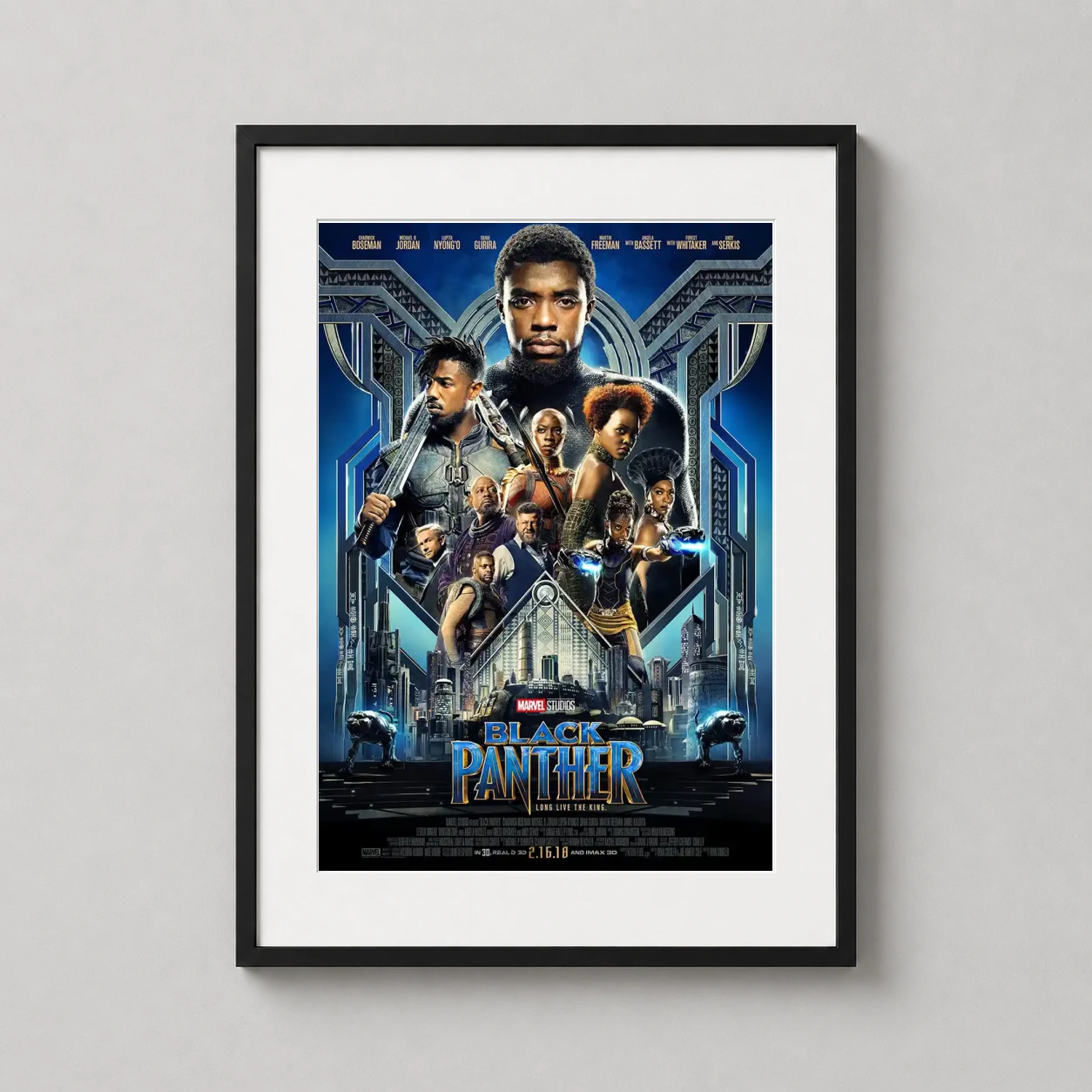 Black Panther 2018 Cast — this theatrical artwork features the full cast of Marvel's Black