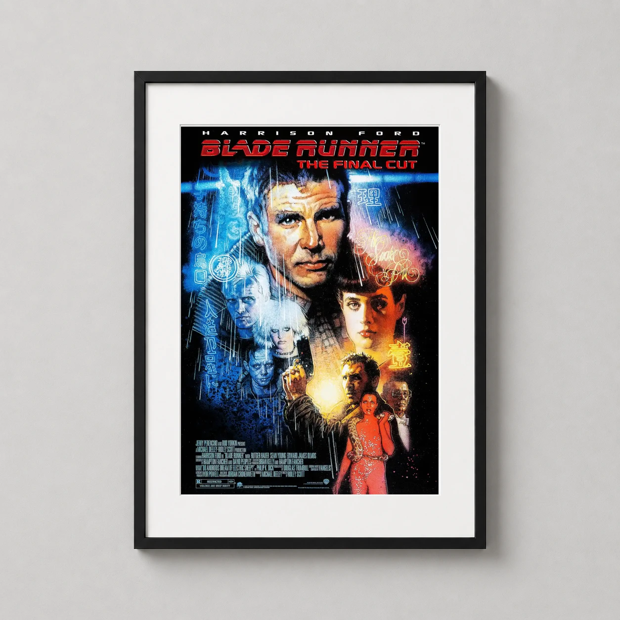 Blade Runner Final Cut — vibrant sci-fi composition featuring Harrison Ford, Rutger Hauer, and