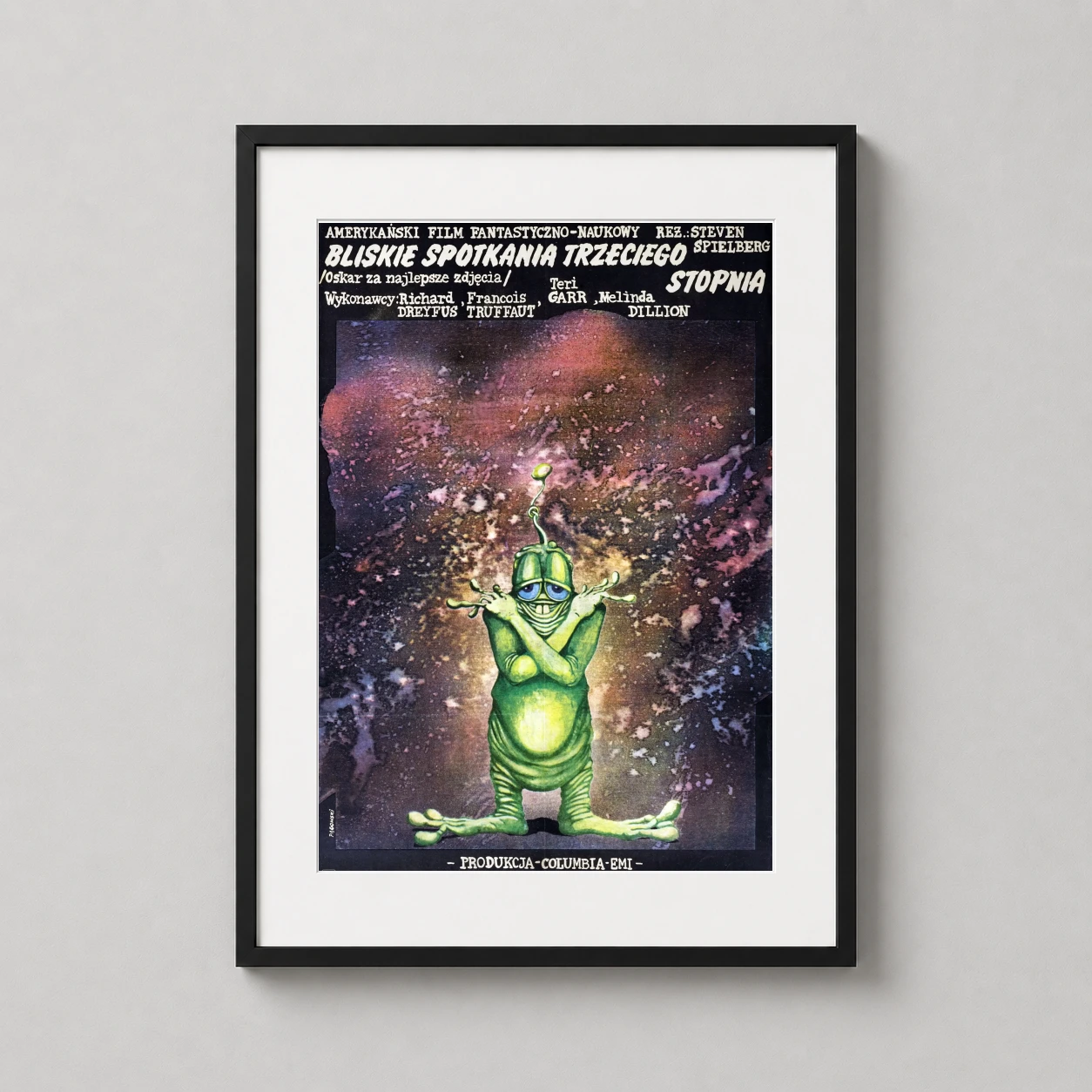 Close Encounters of the Third Kind — vibrant green alien figure with expressive eyes stands against a cosmic