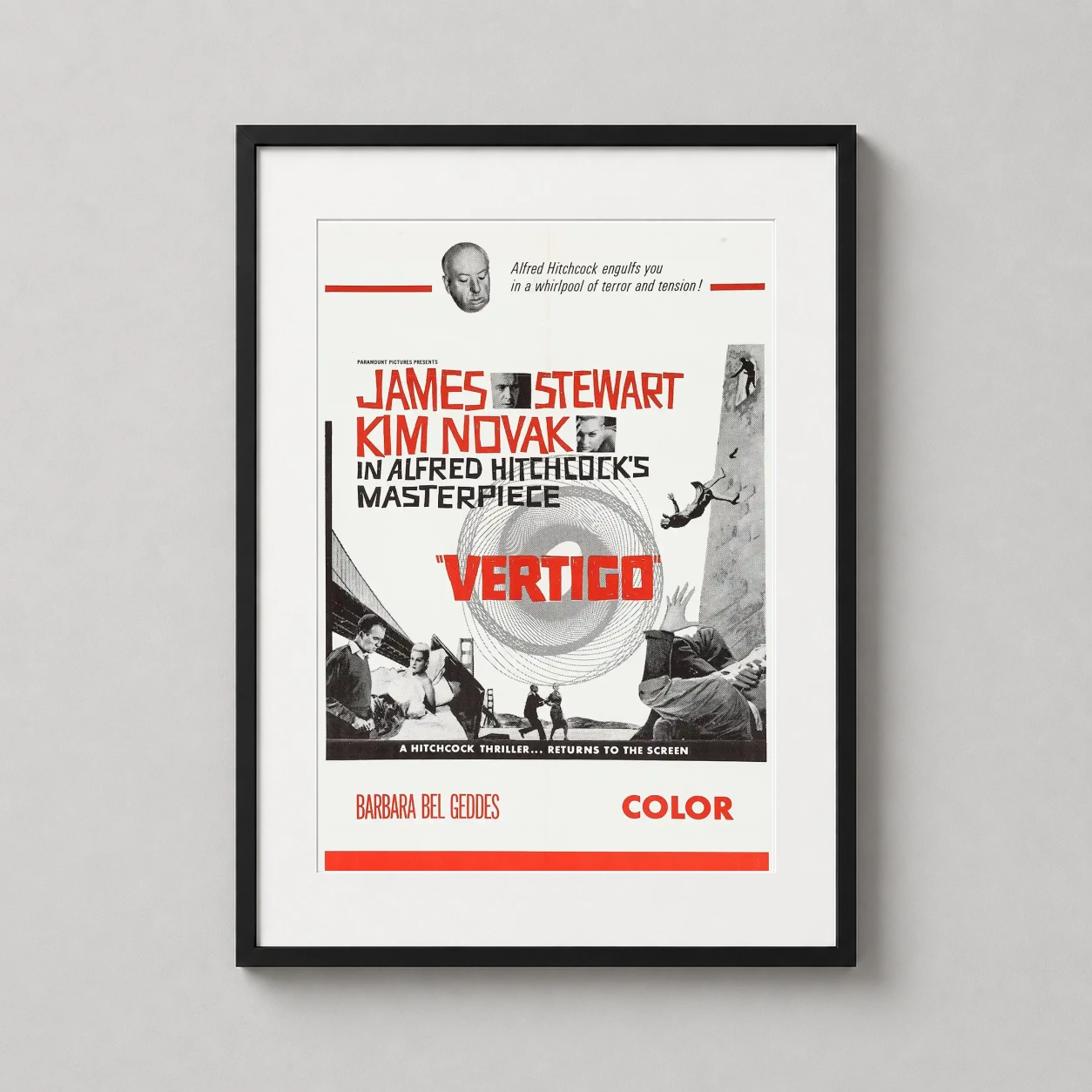 Vertigo 1958 Alfred Hitchcock — this retro film print features the iconic spiral motif alongside James