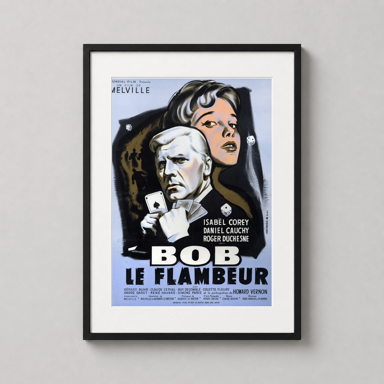 Room mockup of Bob le Flambeur 1956 French Film Noir Vintage Movie Poster, displayed as framed wall art in a home theater setting as a portrait print with blue tones.