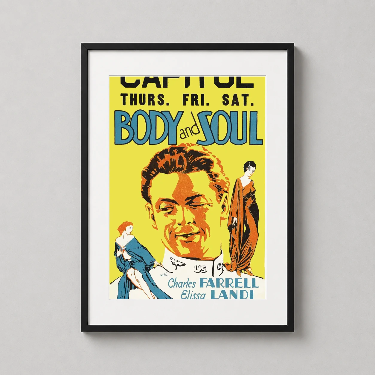 Room mockup of Body and Soul 1931 Vintage Charles Farrell Art Movie Poster, displayed as framed wall art in a home theater setting as a portrait print with blue and yellow tones.
