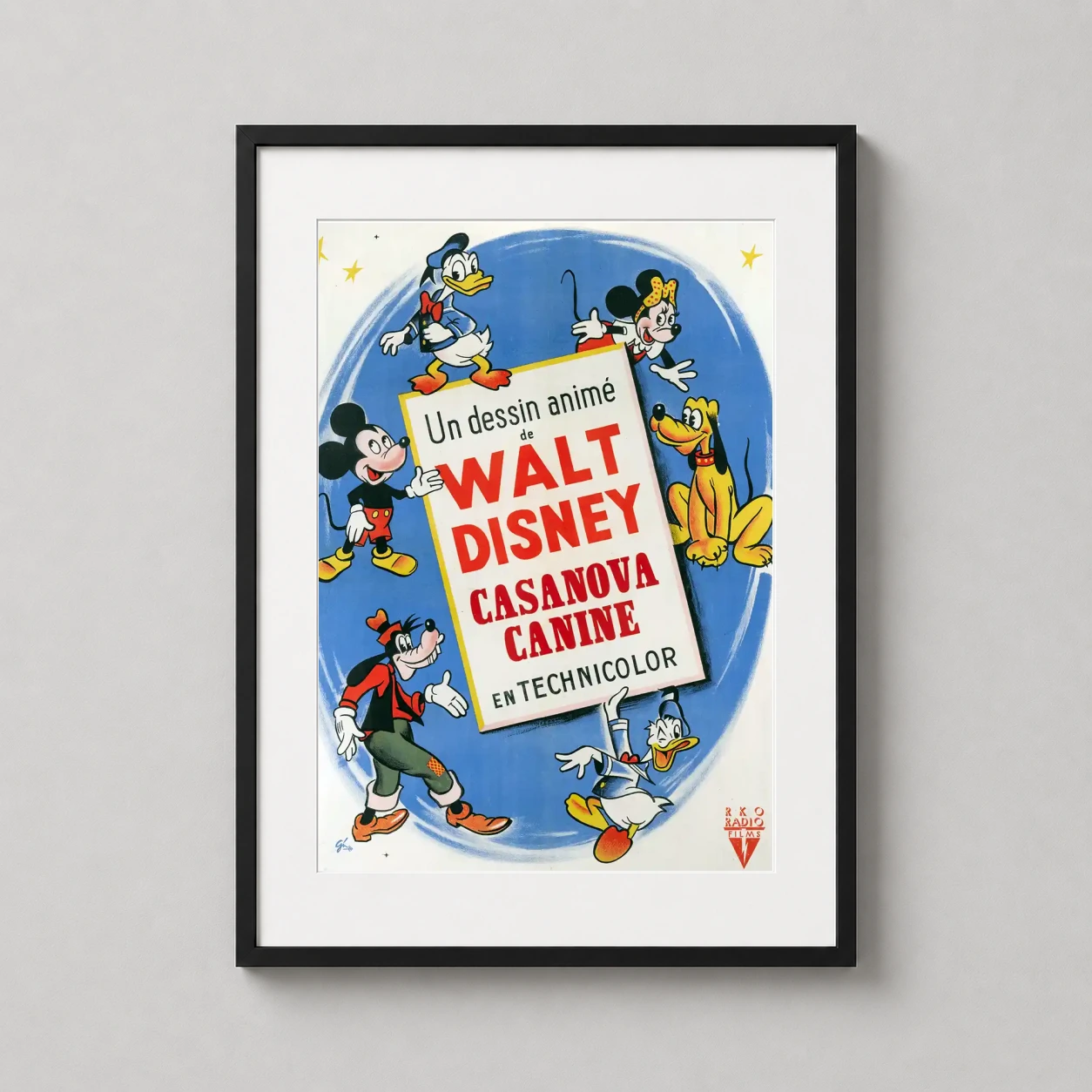 Canine Casanova — vintage French movie poster featuring Mickey Mouse, Minnie, Donald