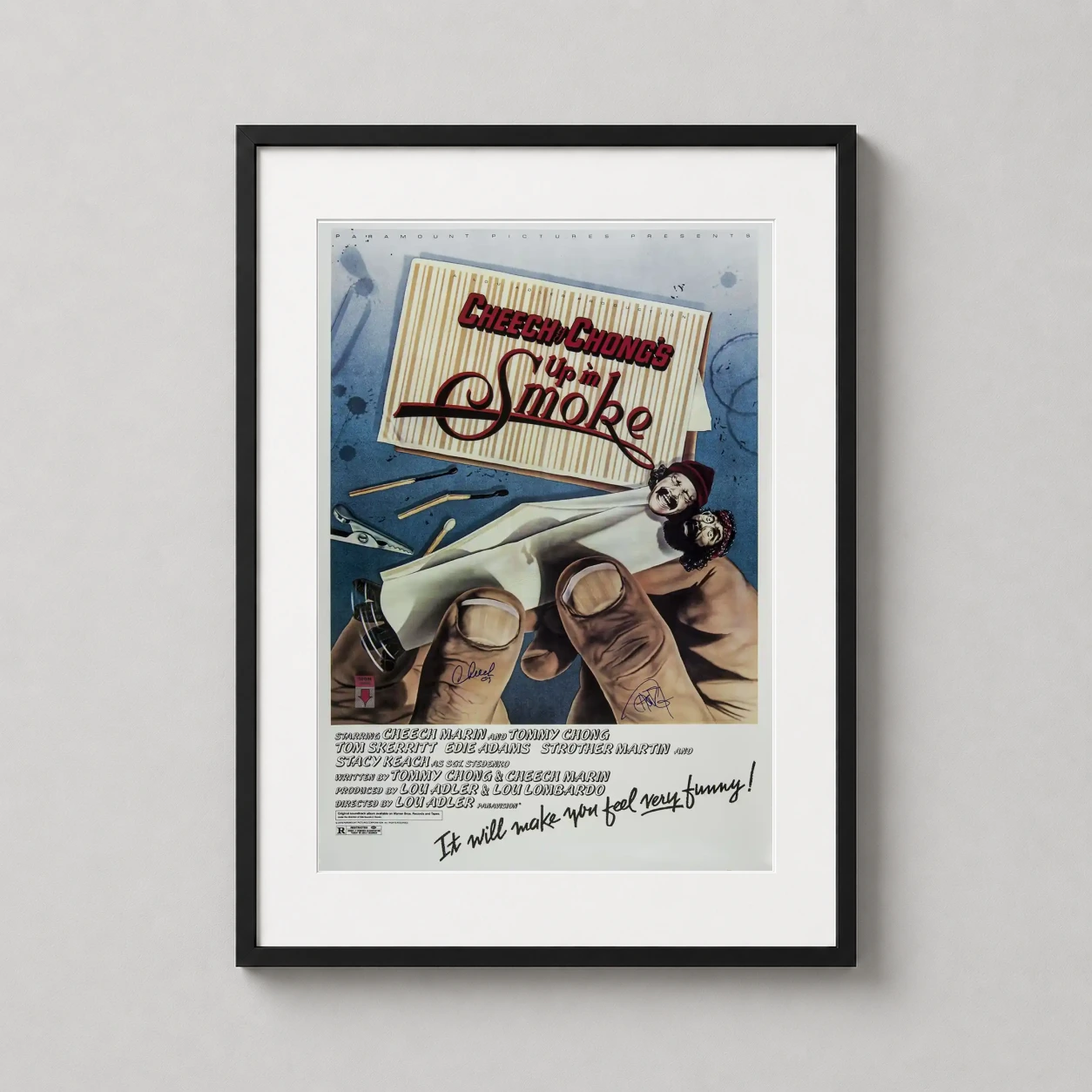 Cheech and Chong Up in Smoke — surreal movie poster for Up in Smoke featuring giant fingers rolling a