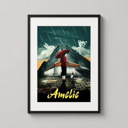 Amélie | Film Poster | Paris Rain, Red Umbrella & Traveling Gnome framed wall art mockup