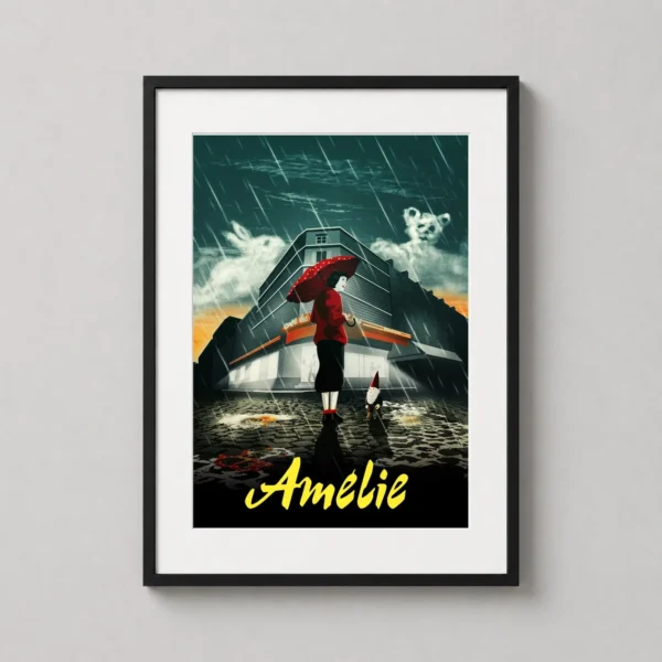 Amélie, Paris Rain and Garden Gnome Illustration Movie Poster