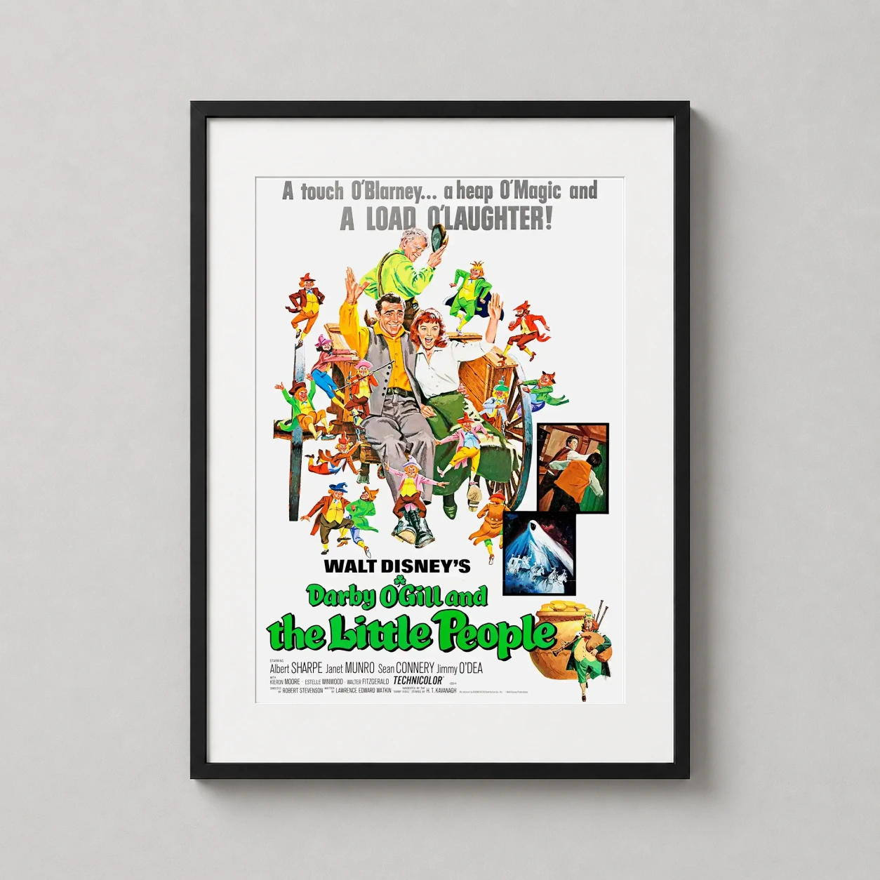 Room mockup of Darby O'Gill and the Little People Disney Movie Vintage Poster, displayed as framed wall art in a home theater setting as a portrait print with green and gold tones.